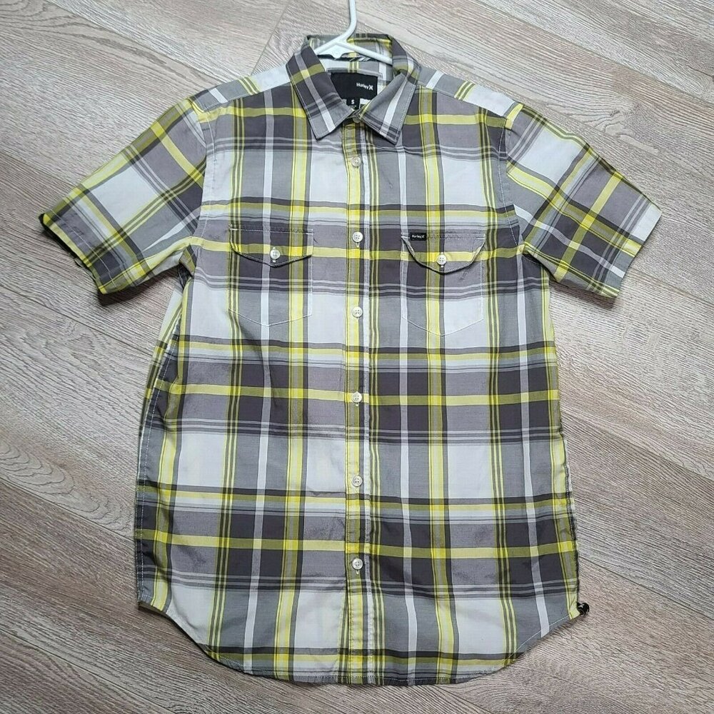Hurley Shirt Mens Small Gray Yellow Plaid Button Up Short Sleeve Flap Pockets